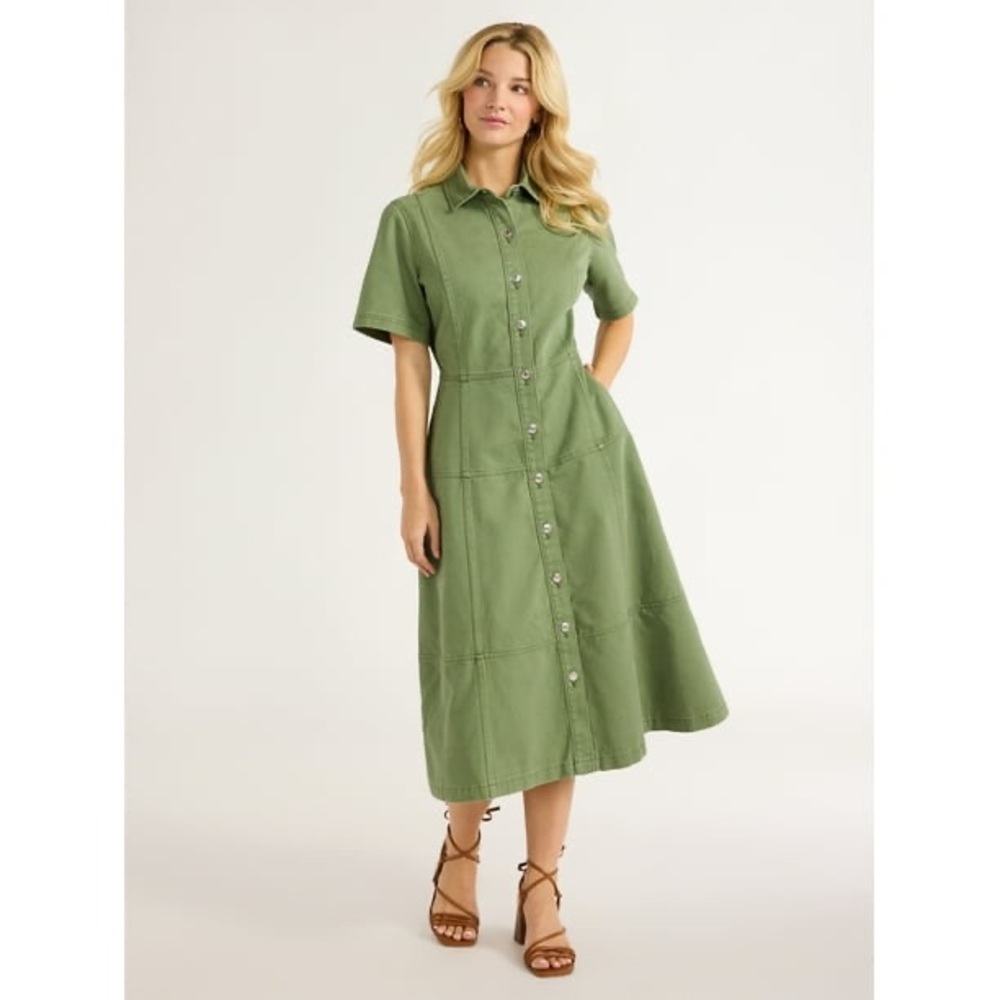 Free Assembly Button Front Cotton Midi Dress with Short Sleeves